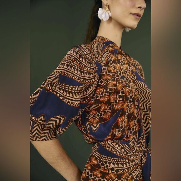 Farm Rio Yawanawa Vanahu Midi Blue Orange Shirt Dress Size S - Picture 4 of 13